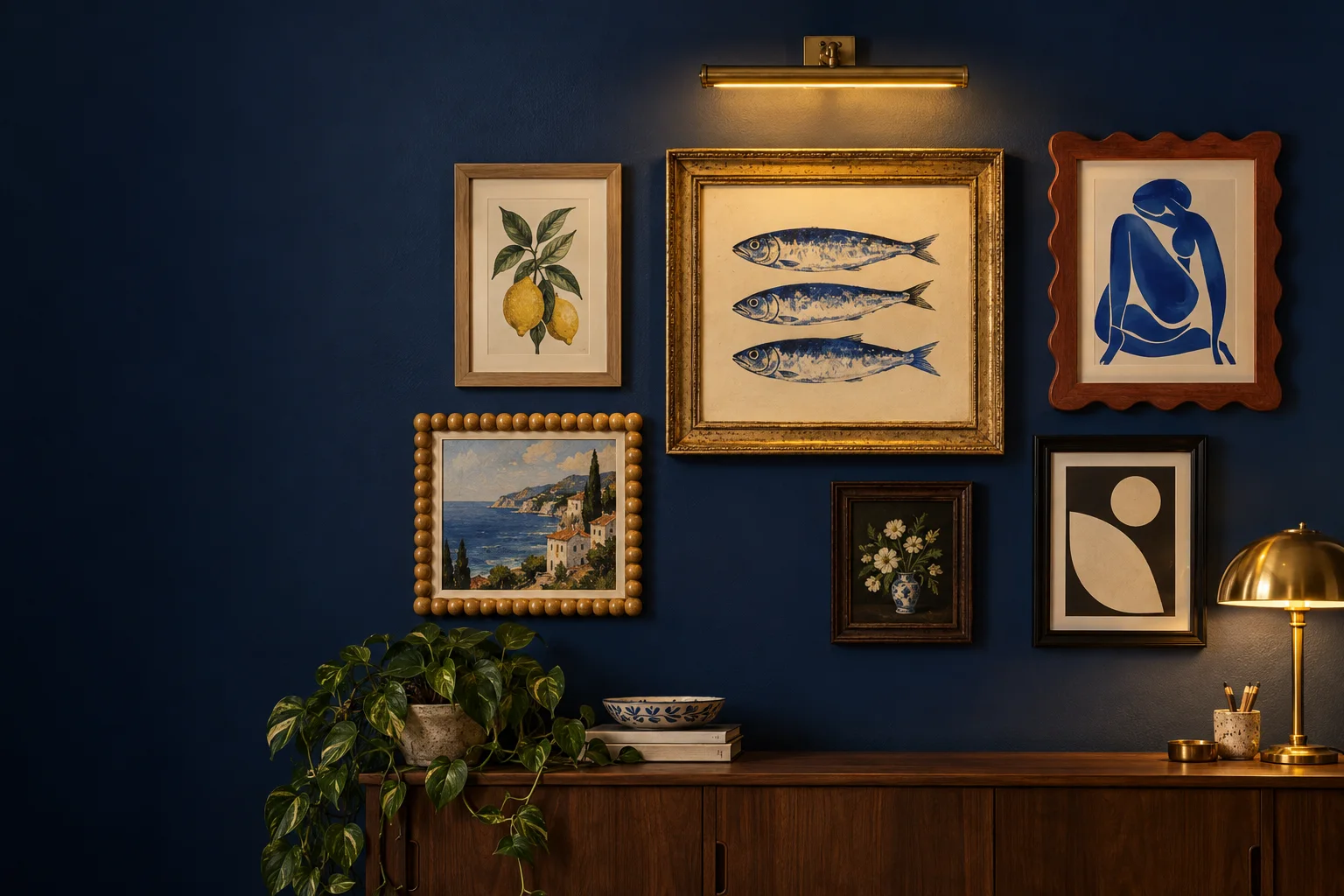 An illustrated gallery at night: sardines in a gilt frame, lemons in oak, a blue figure in a rust scalloped frame, and a coastal print in a yellow bobbin frame.